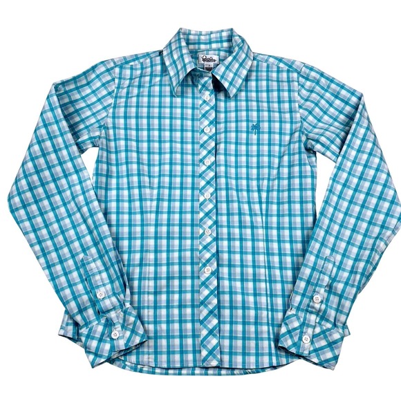 Lilly Pulitzer Button Front Shirt Teal/Blue Plaid StretchCotton Palm Tree Size 2 - Picture 1 of 5